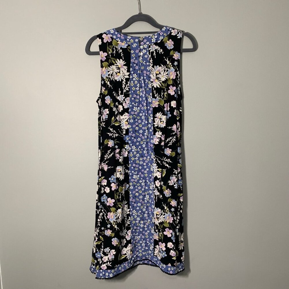 J. Jill Women Mixed Floral Print Sleeveless Shift Dress Black Blue Pom Pom Hem‎ - Picture 4 of 11